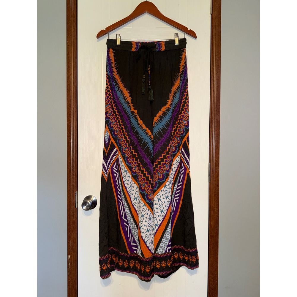 Earthbound Trading Co Geometric Boho Wide Leg Pants Black Orange Purple Size M
